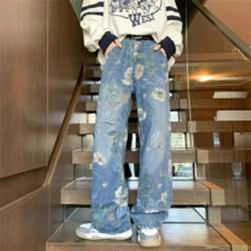American Jeans Men y2k Fashion Flower print Oversized Wide Leg Jeans Men Streetwear Hip-hop Loose Straight Denim Pants Mens Trou 240821