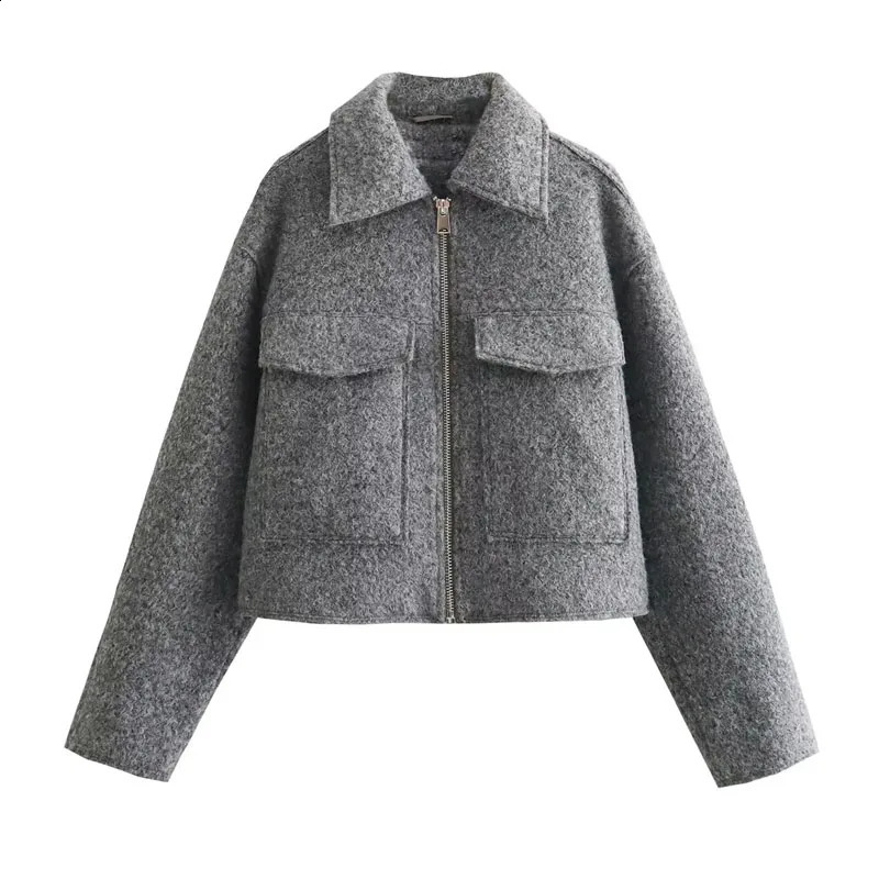 TRAF Autumn Winter Cropped Jacket for Women Short Coat Tweed Zip Crop Demiseason Woman in outerwears y240903 - view 6