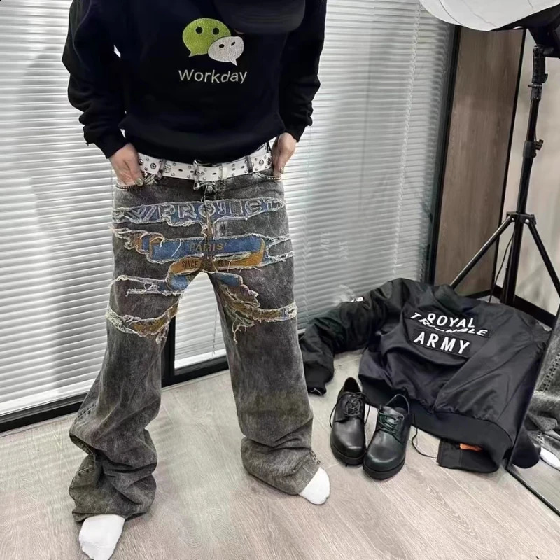 Patch embroidery jeans style washed hip hop mid-waist destroyed mid-high waist loose street fashion straight trend trousers 240821