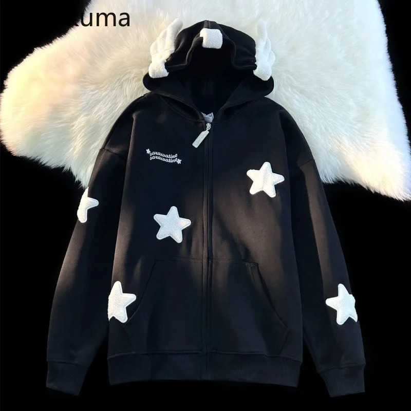 Streetwear Embroidery Star Hoodie Women Clothing Thicked Zipper Hooded Jackets Y2k Tops Casual Fashion Vintage Sweatshirts Coat 240821