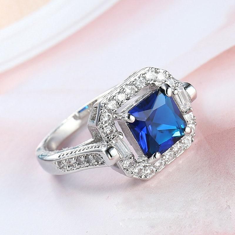 Classical Designer Luxury 18K White Gold Plated Blue Crystal Diamond Ring for Women Sapphire Rings Fashion Wedding Rings Bride Engagement Jewelry