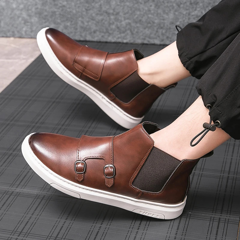 Mens fashion trend casual wedding party dress denim shoes with dual buttons comfortable non slip durable version Chelsea boots 240821