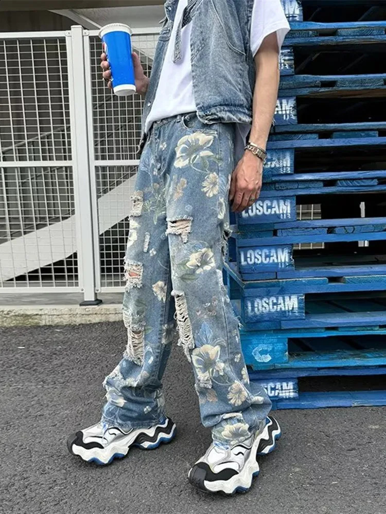 Ropa Y2K Streetwear Flowers Print Ripped Baggy Jeans Pants Men n Clothes Straight Grunge Denim Trousers Pantalon Homme 240821