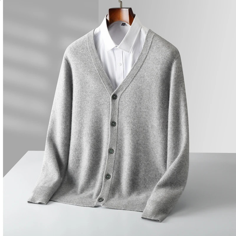 autumn and winter mens 100% pure wool knit cardigan V-neck loose business casual sweater coat 240821