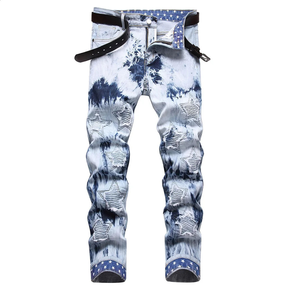 Men Pleated Stars Patch Jeans Tie and Dye Stretch Denim Pants Streetwear Printed Hem Slim Straight Trousers 240821