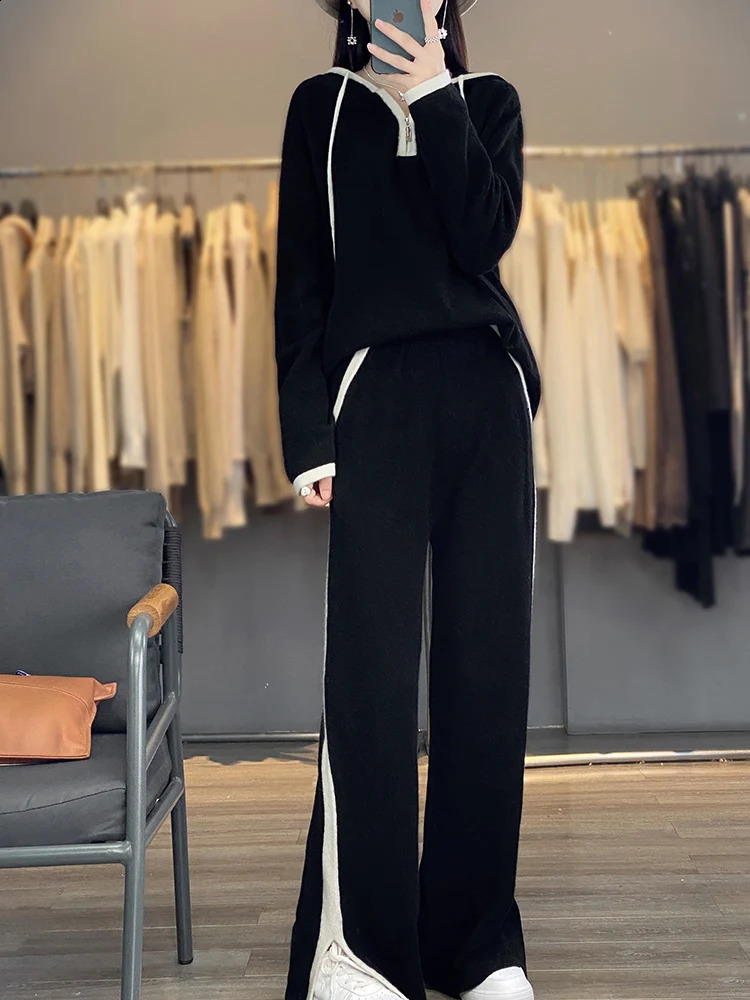 Autumn Winter Hoodie 100% Wool Knit Suits Womens Hooded Knitted Pullover Loose Wide Leg Trousers Fashion High-Grade Suits 240820