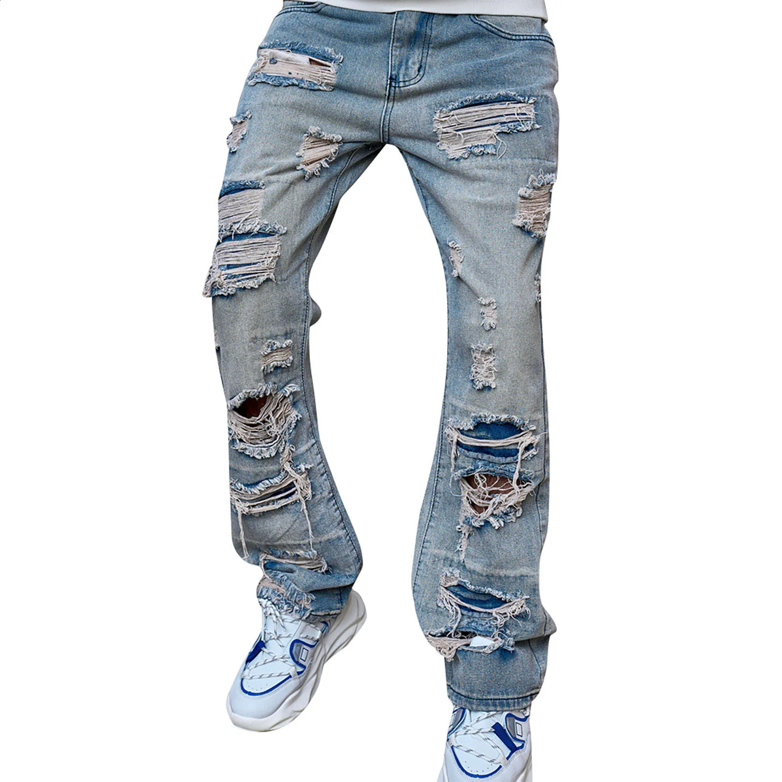 Tassel Mens Jeans Fashion Holes Ripped Spring Streetwear Thin Slim Fit Straight Denim Casual Pant Stretchy Male Jean 240821