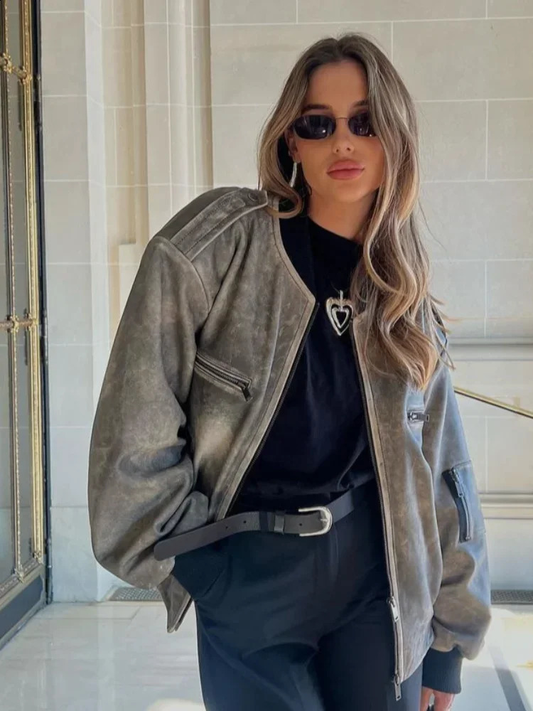 Vintage Solid Zipper Pocket O-neck Women Coat Casual Long Sleeved Button Pilot Jacket High Street Motorcycle Outerwears 240820