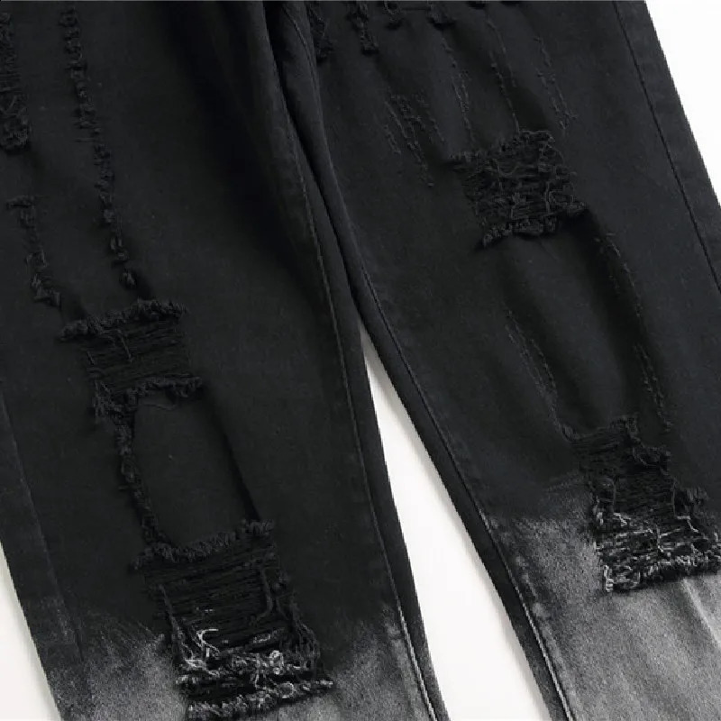 Stylish Men Slim Holes Gradient Pencil Jeans Pants Male Ripped Distressed Casual Cotton Stretch Denim Trousers 240821