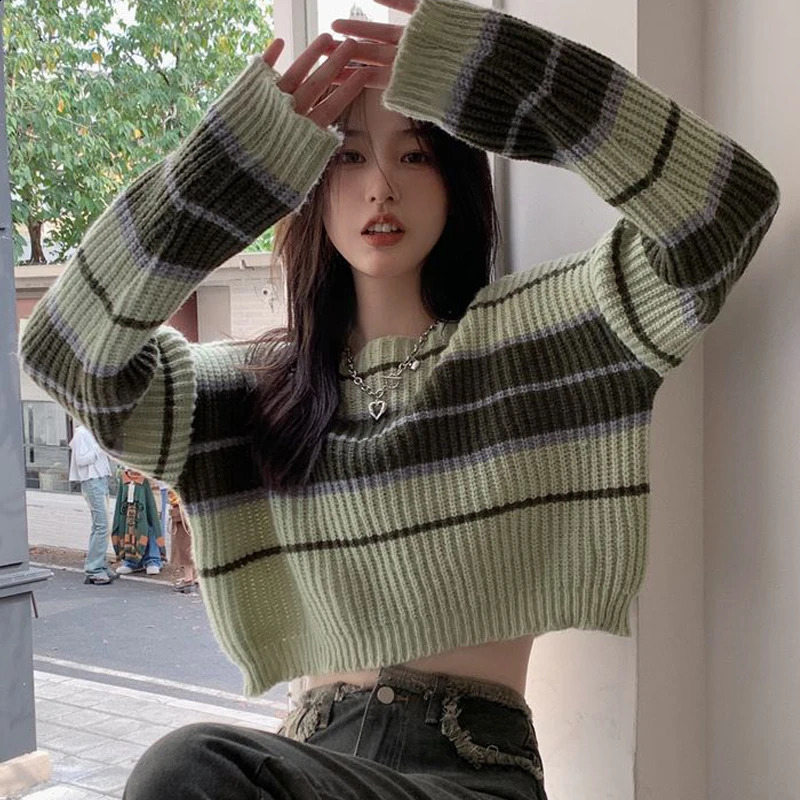 Womens trendy contrasting color striped chic sexy crop top Y2K womens Oneck long sleeved ultrathin floral knit sweater 240821