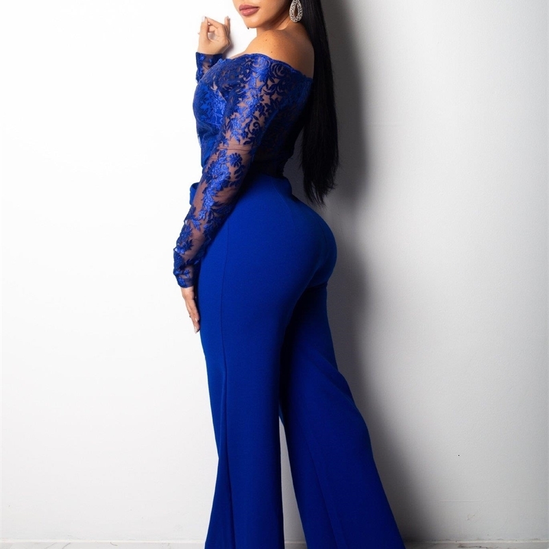 Womens Elegant Off Shoulder Long Pants Wide Leg Jumpsuits Floral Embroidery Lace See Through Cocktail Club Party Evening Rompers 240820