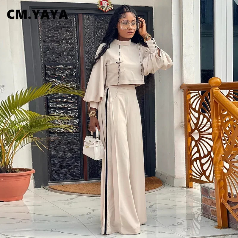CM.YAYA Vintage Womens Set Lantern Long Sleeve Blouse and Wide Leg Loose Pants Autumn Two 2 Piece Set Outfit Tracksuit 240820