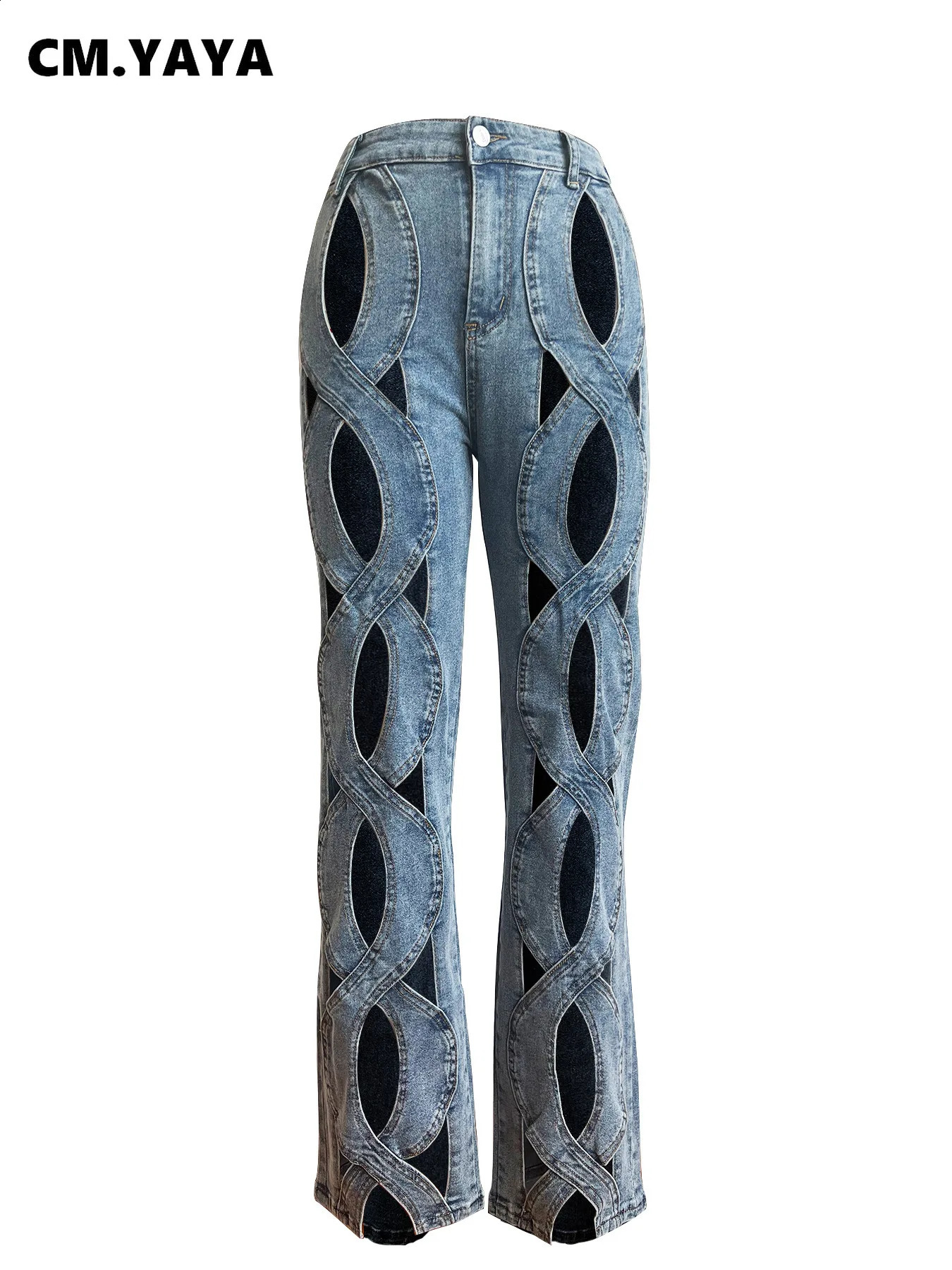 CM.YAYA Women Vintage Cutout Hollow Out Criss Cross Straight Denim Pants 2024 Fashion INS High Waist Wide Leg Jeans Trousers 240815
