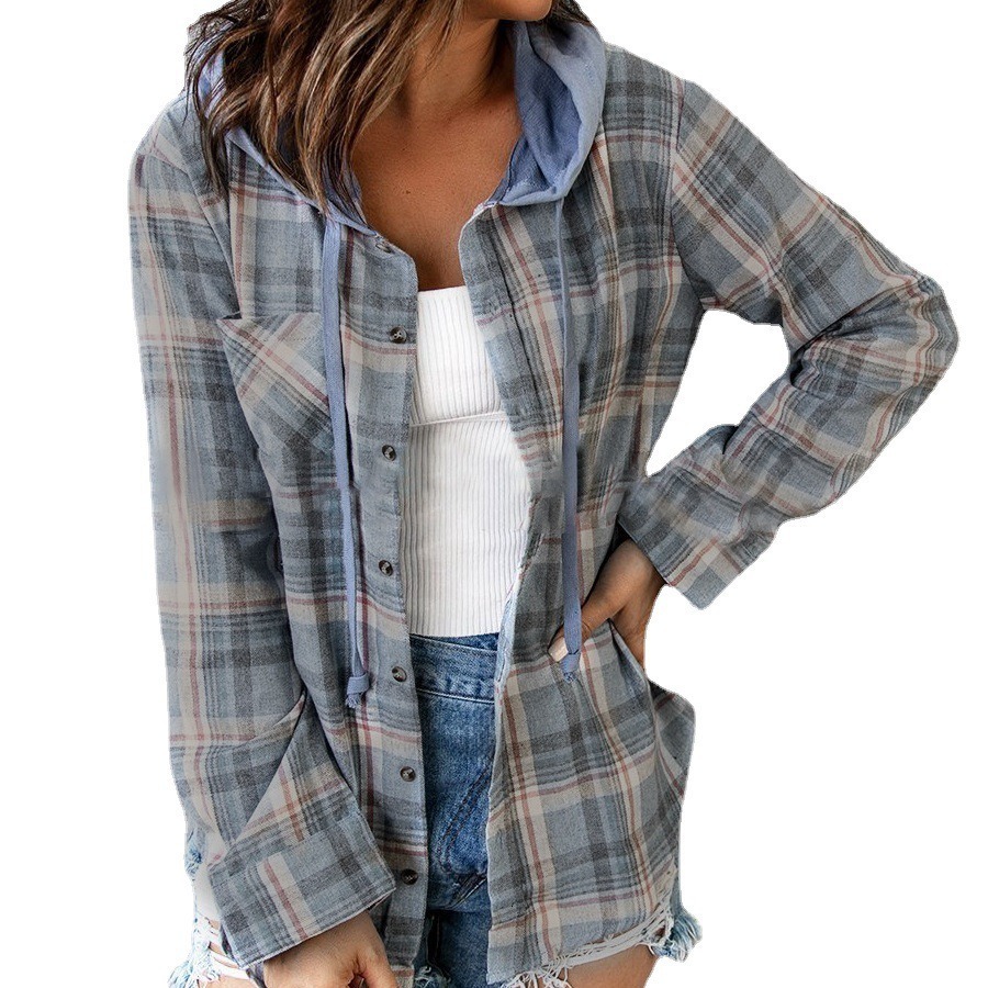 2023 New Autumn/Winter Hooded Colored Single breasted Casual Checkered Shirt Coat Women's