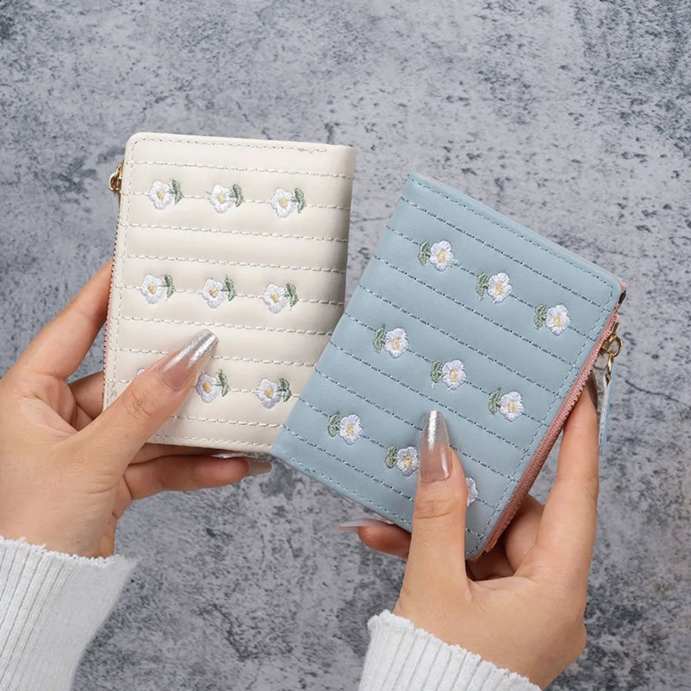 PU Leather Short Wallet Mini Zipper Money Bag Solid Color Flower Card Holders