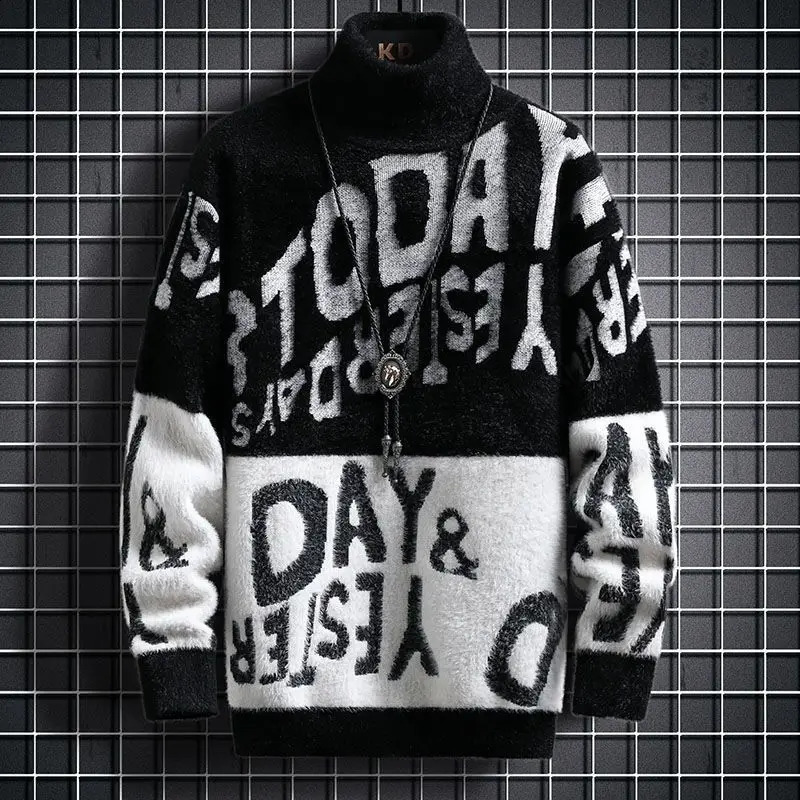 Autumn Winter Youth High Neck Sweater Mens Junior High School Students Letter Printed Long Sleeve Pullover Casual Knitted Tops 240821