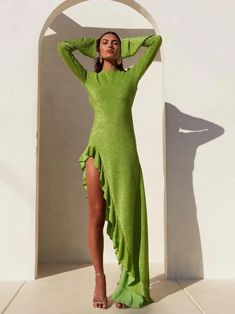 Sexy Knitted Backless Dress Women Irregular Ruffle Long Flare Sleeve Hip Package Sequin Female Midi Dresse Summer Lady Robe 240815