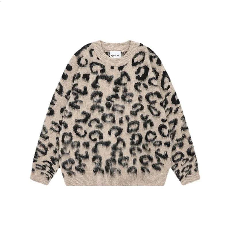Mohair Sweaters Men Fleece Leopard Korean Thicken Warm Knitting Winter Loose Casual Long Sleeve Pullovers Streetwear 240821