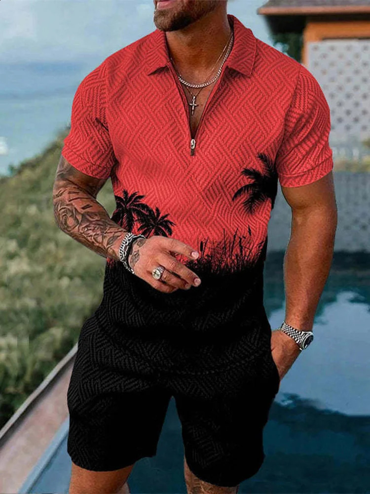 Summer Beach Element 3D Print Mens Sweatsuit set Casual Zipper Collar Polo Shirt And Shorts 2pcs Sets Fashion Man Clothing 240820