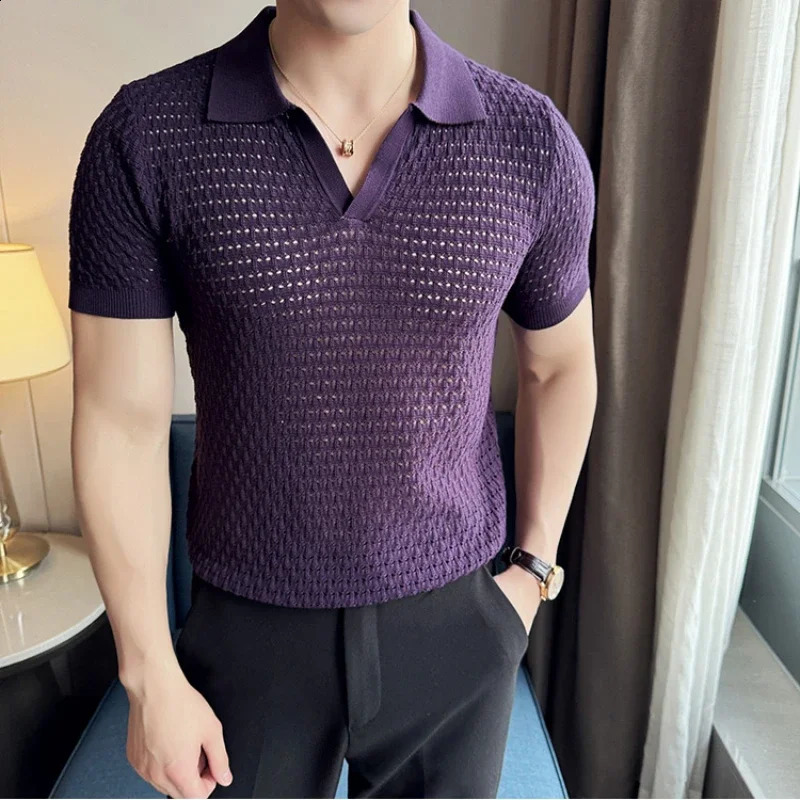Purple Mens V-neck Polo Shirt Everyday Casual Short-sleeved Top Stylish Mens Hollow Knit Shirt 2024 Sizes M-3XL 240821