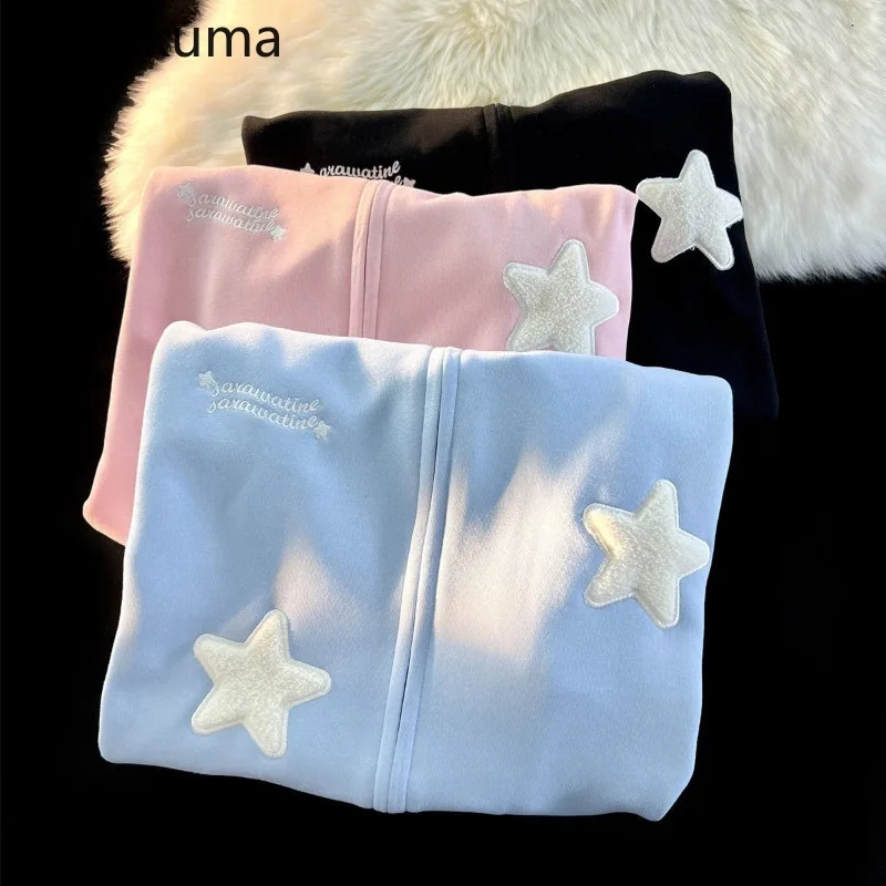 Streetwear Embroidery Star Hoodie Women Clothing Thicked Zipper Hooded Jackets Y2k Tops Casual Fashion Vintage Sweatshirts Coat 240821