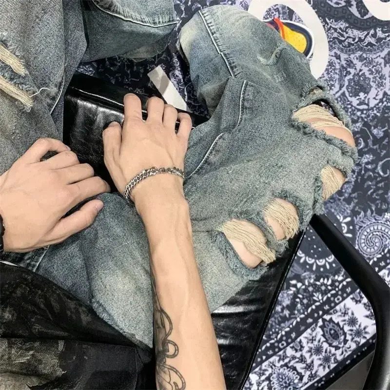 Trousers Torn with Holes Jeans for Men Ripped Male Cowboy Pants Wide Leg Straight Broken Autumn Clothing Fashion in Xs 240821