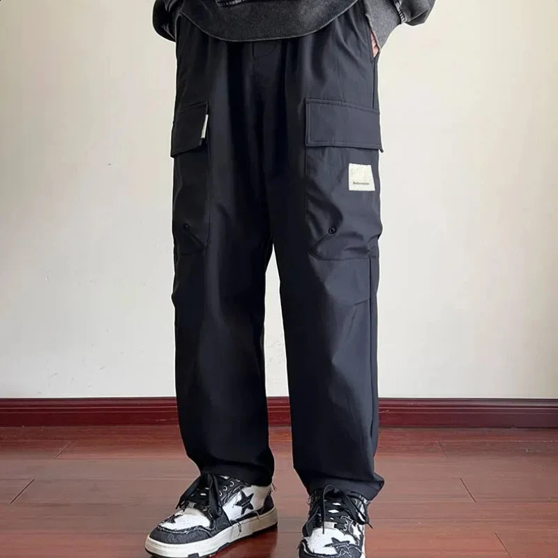 Drawstring Pockets Solid Color High Waist Casual Mens Spring and Autumn Trouser Cargo Straight Comfort Pants 240821