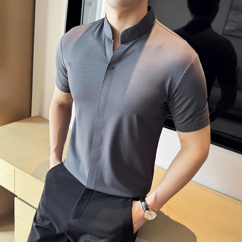 High Elastic POLO Shirt 2024 Summer Thin Chinese Stand Up Neck Solid Color Casual Short Sleeved T-shirt Mens Clothing 240821
