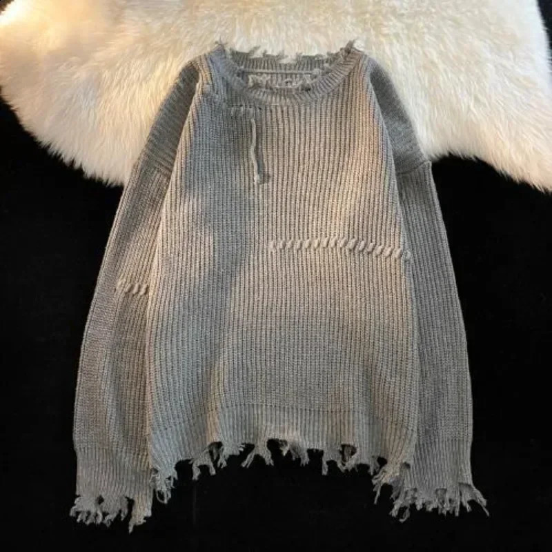 Mens Clothing Pullovers Beige Knit Sweater Male Torn with Holes Solid Color Patchwork Plain Loose Fit Korean Autumn Clothes X A 240821