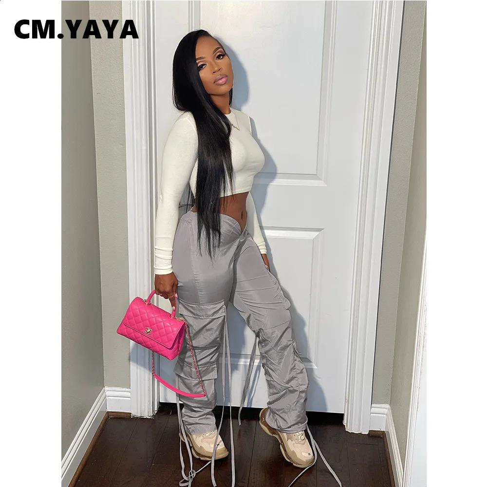 CM.YAYA Women Fashion Pocket Side Straight Wide Leg Safari Style Pants 2024 Summer Lace Up Streetwear Cargo Trousers 240820