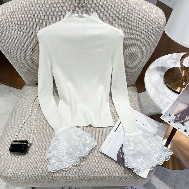 Neploe Fashion Simple Half High Collar Zipper Autumn Winter Knitted Top Womens Y2k Lace Sparkling Sleeve Sweater Unprinted Good Product 240821