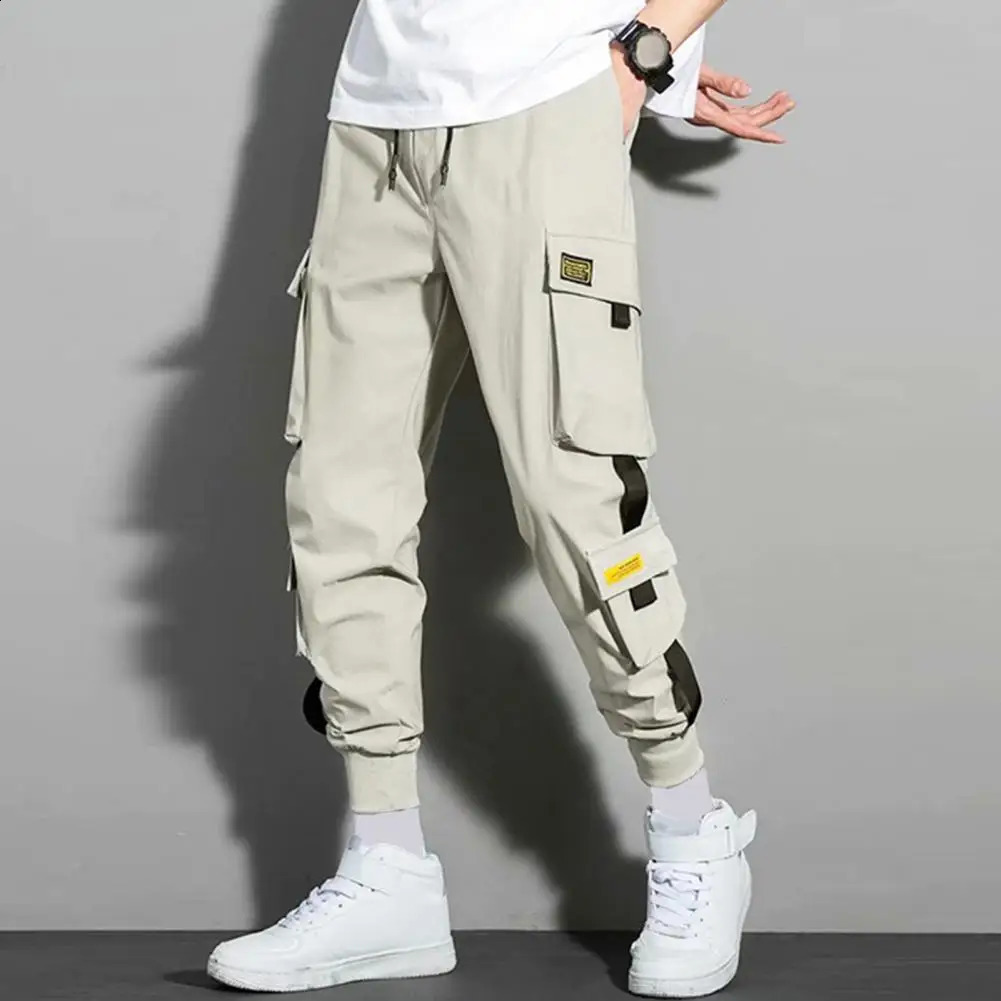 Streetwear Spring casual mens pants with multiple pockets cargo Harajuku ultrathin fit elastic waist for runners 240821