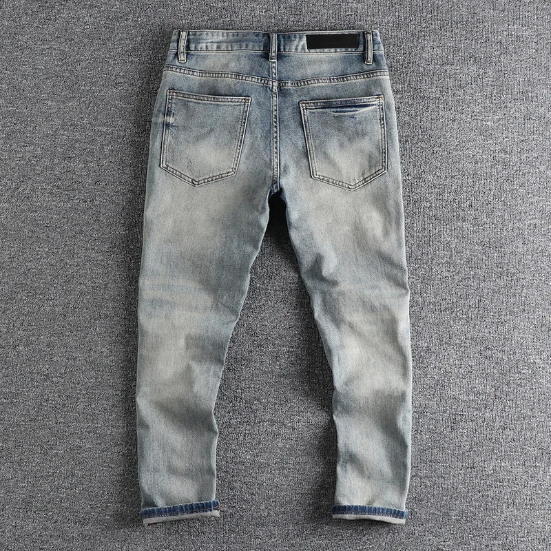 Retro Worn Looking Washed-out Ripped Jeans Mens Fashion Wear Pencil Pants Stretch Comfortable Cropped Pants 240821