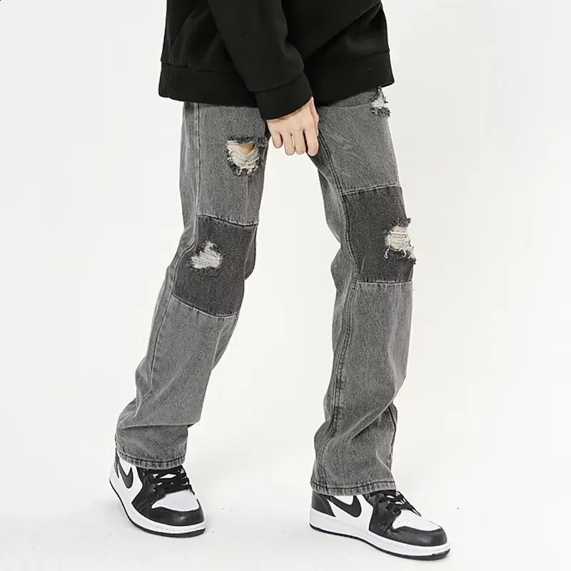 Trendy Loose-fit Straight-leg Mens Jeans Autumn Korean Style Casual Trousers Wide-leg Printing Pants For Stylish Men 240821