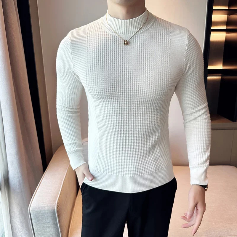 3 Color Men British Style Fall Winter Slim Dark Pattern Half High Neck Pure Color Knit Pullovers Mens Slim-fit Sweater Base 240821