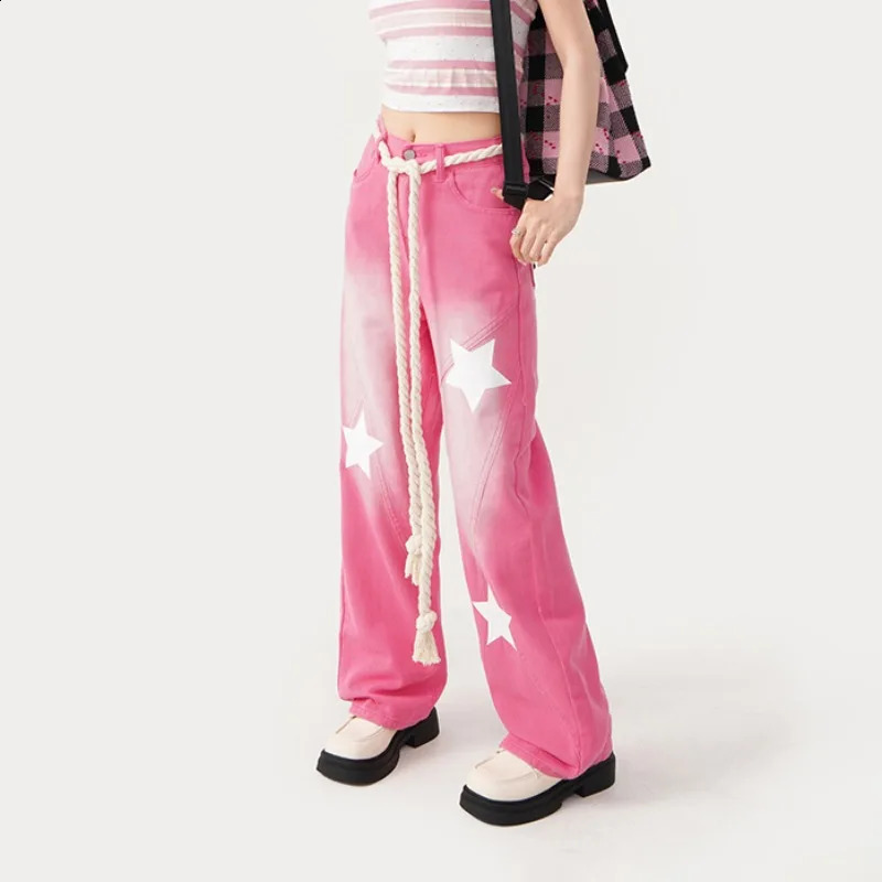 Womens Blue Pink Jeans Baggy High Waist Fashion Straight Denim Trouser Harajuku Vintage Streetwear Y2k Wide Star Jeans Pants 240821