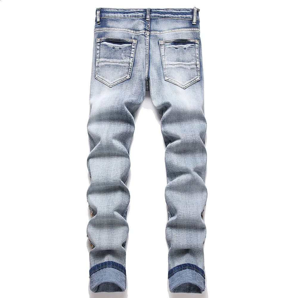 Men Side Rivet Crystal Stretch Denim Jeans Punk Holes Ripped Pants Streetwear Slim Tapered Trousers Blue Black 240821
