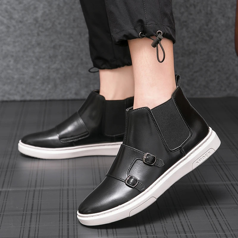 Mens fashion trend casual wedding party dress denim shoes with dual buttons comfortable non slip durable version Chelsea boots 240821