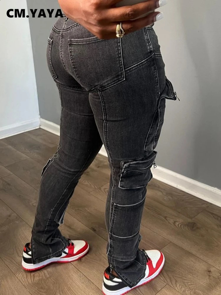 CM.YAYA Fashion Multi Pocket Front Zipper Fly Pencil Jeans Women Street Autumn Winter Denim Pants Trousers 240821