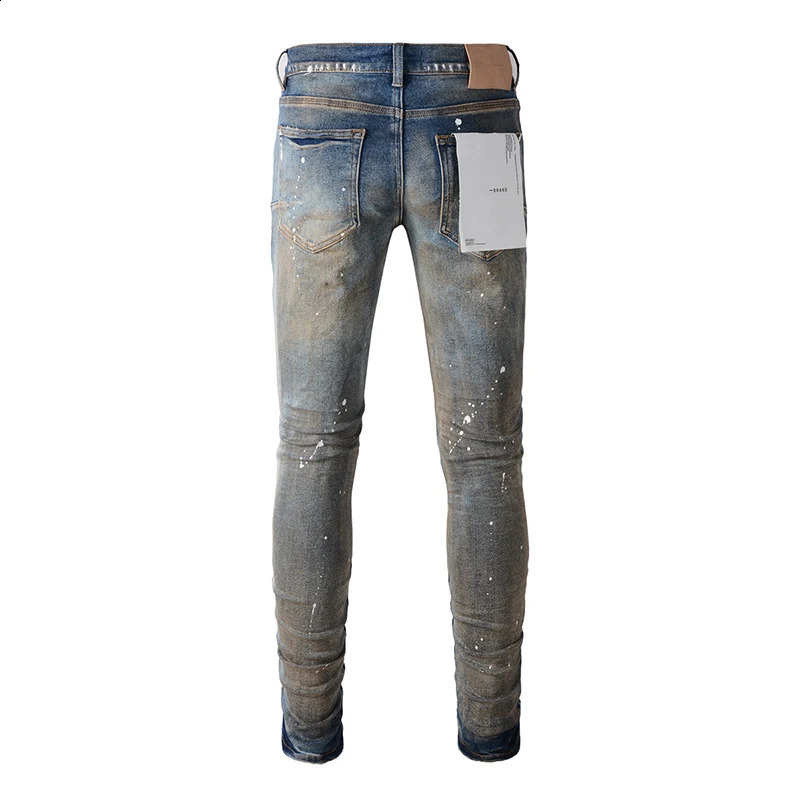 Summers Mens Streetwear Distressed Skinny Button Fly Splash Paints Printing Ripped Holes Jeans Pants 240821