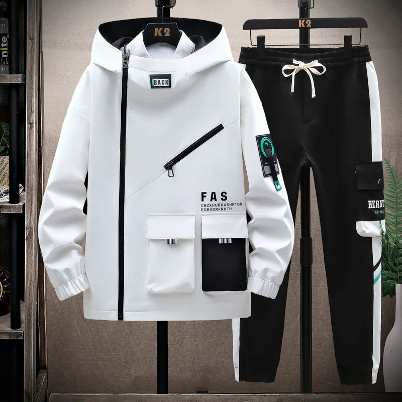 Autumn mens track and field clothes casual spring sportswear hooded patch work clothes jacket pants 2-piece set hip-hop running sportswear 240827
