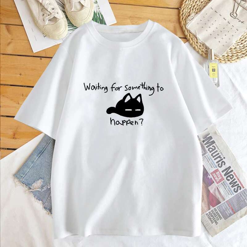 for Waiting Something To Happen Omori Cat Print Women Shirt Haruku Short Sleeve O-neck T-shirt Tee Tops Clothing ps