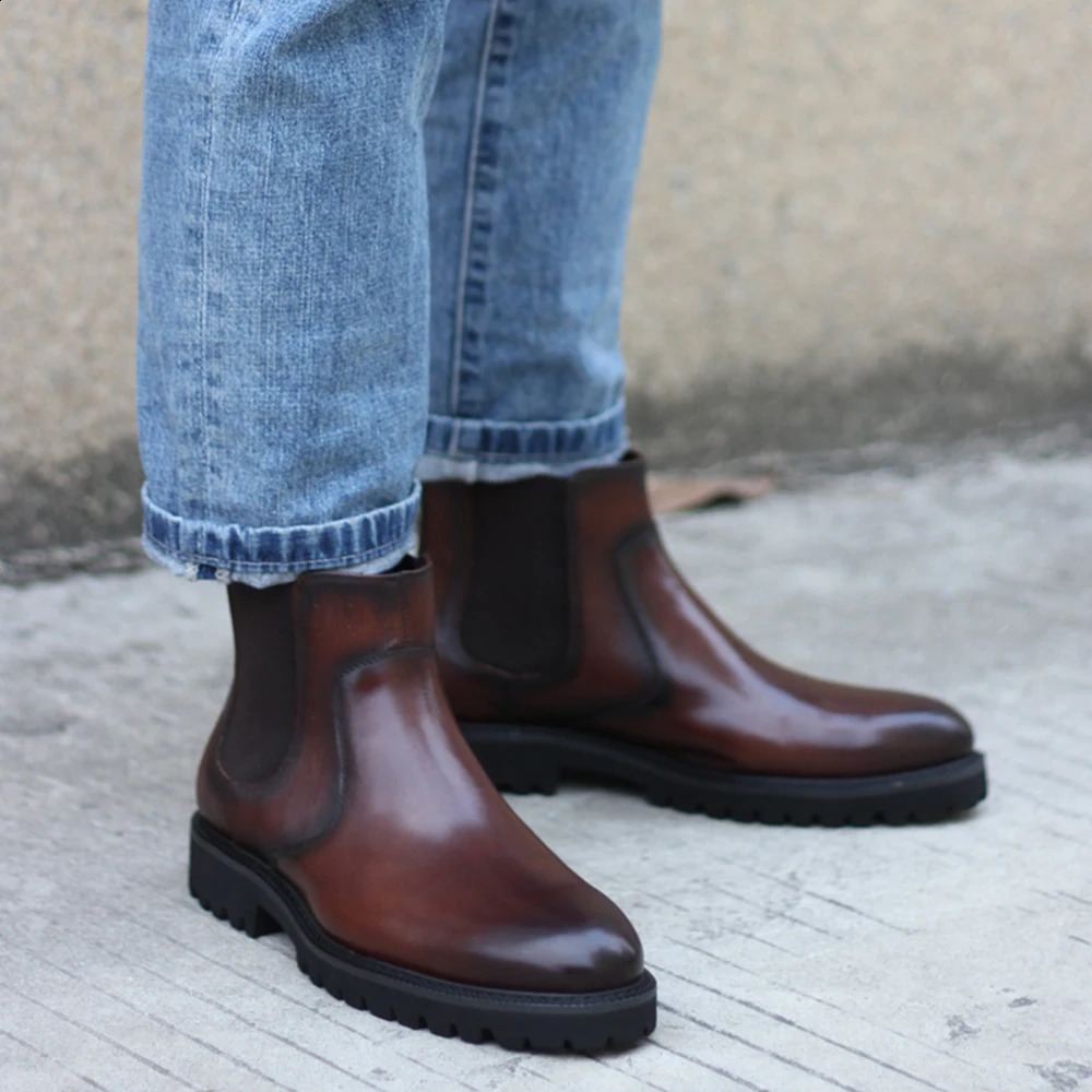 Fashionable genuine leather casual Chelsea boots high-quality handmade wear-resistant breathable top-level mens fur lined shoes 240821