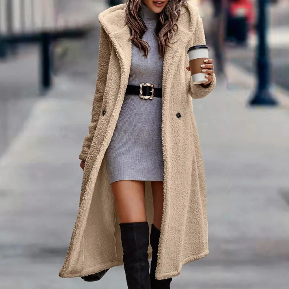 Spring Wool Womens Long Coat Black Hooded Pocket Thick Warm Jacket Female Fleece Trench Trendy Fashion Ladies Clothes 240820 - view 5