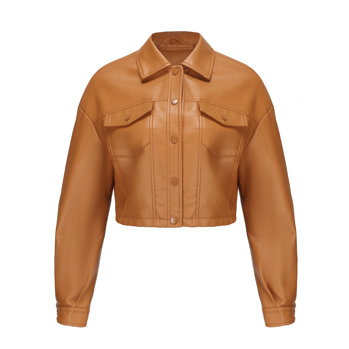 2024 Spring and Autumn New Loose Casual Leather Long Sleeve Single breasted Women's Short Jacket Flip Collar Fashion