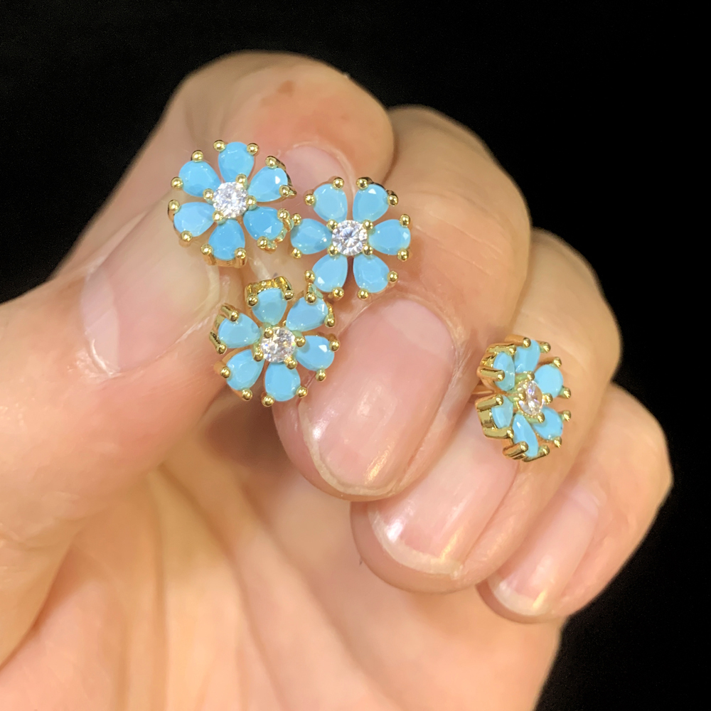 Minimal Delicate Flower Shaped Stud Earring Micro Pave Blue Turquoises White CZ Stone Fashion Women Multi Piercing Bling Jewelry
