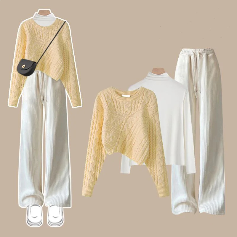 Autumn and Winter Set Womens Korean Knitted Sweater Womens Underlay Casual Pants Three Piece Set Winter Clothes Women 240820
