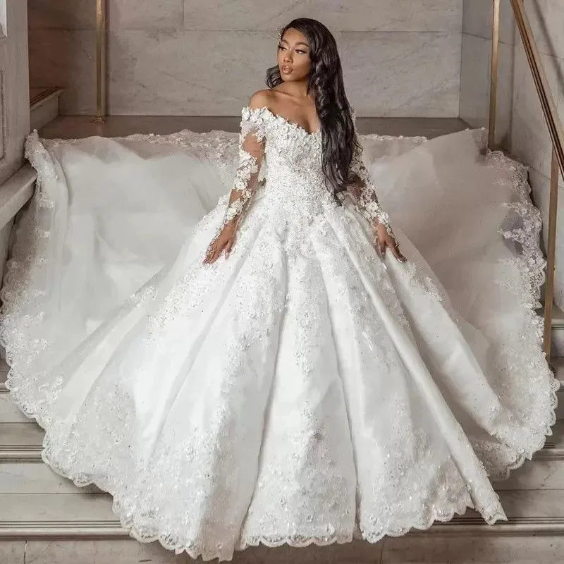 Arabic Dubai Wedding Dresses Floral Flower Lace Off Shoulder Long Sleeves Bridal Gowns Church Train Vestidos De Novia Formal Brides Dress Ball Gown