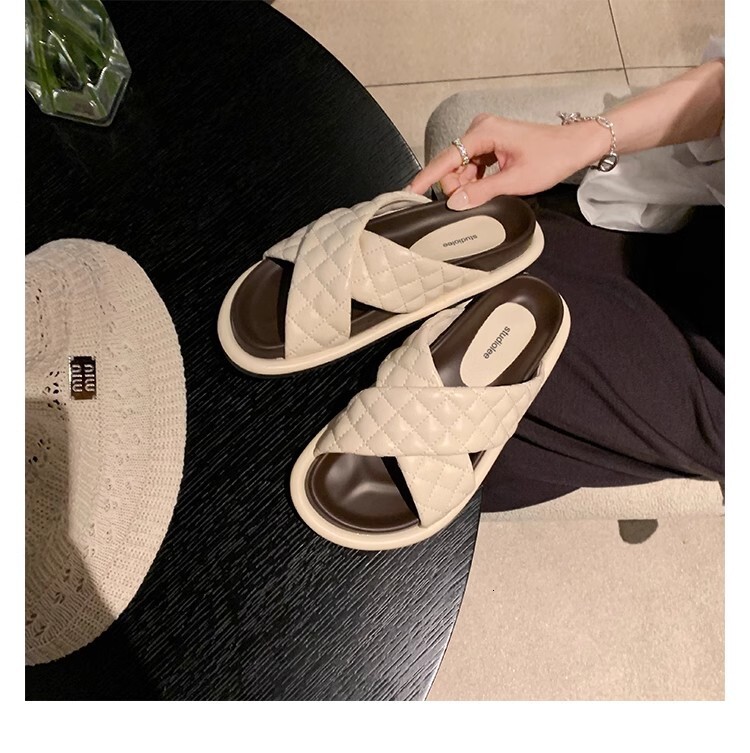 Ddmysports Grape Mom S Same Style Summer New Soft Glutinous Diamond Grid Cross Belt Flat Bottomed Color Blocking External Slippers Women Leather OUTDO