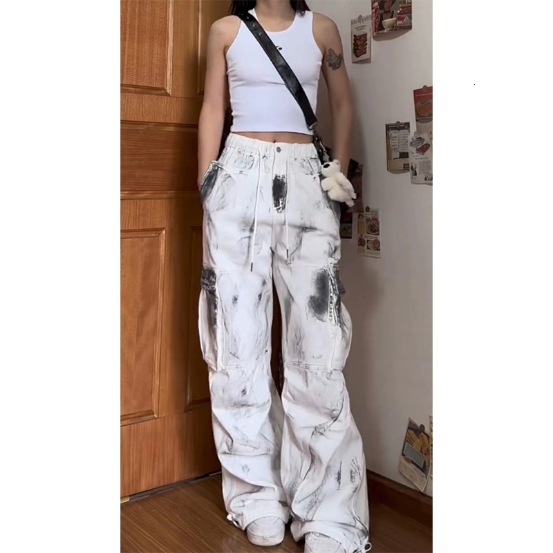 Womens White Cargo Jeans Y2k 90s Vintage High Waist Wide Leg Denim Trousers Harajuku Baggy Jean Pants 2000s Trashy Clothes Z260313